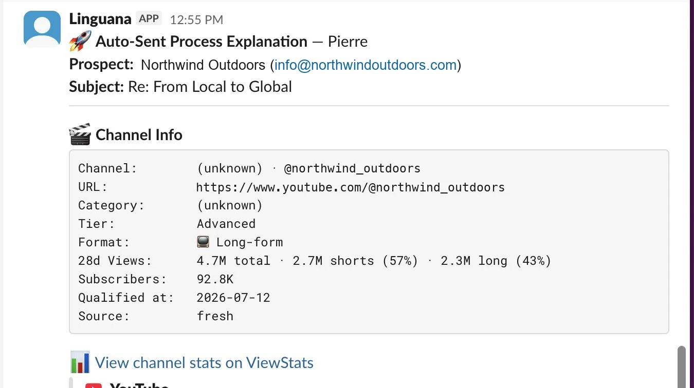 Slack message showing an autonomous send with the agent's reasoning
